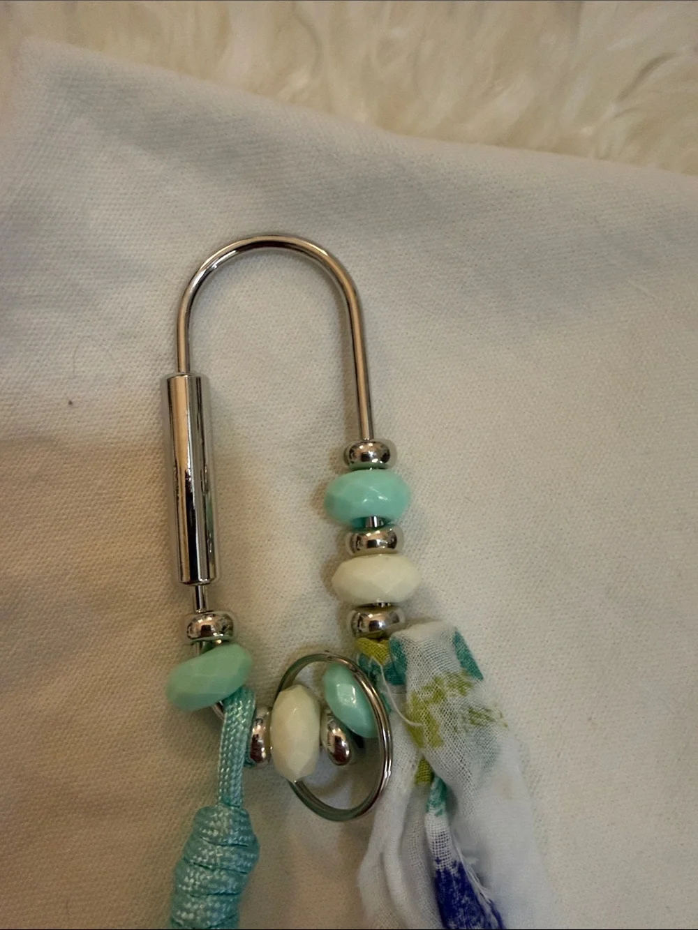 Aqua Bead and Fabric Tassel Keychain Charm